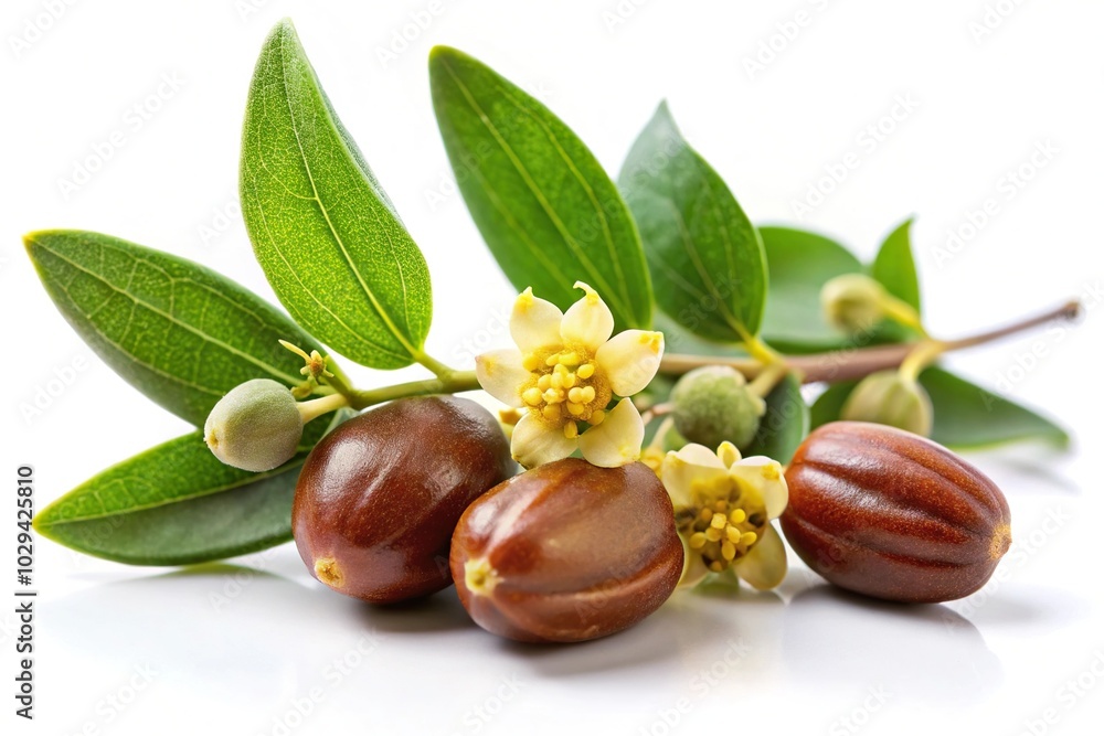 custom made wallpaper toronto digitalReflected image of Jojoba Simmondsia chinensis flower leaves and seeds on white background