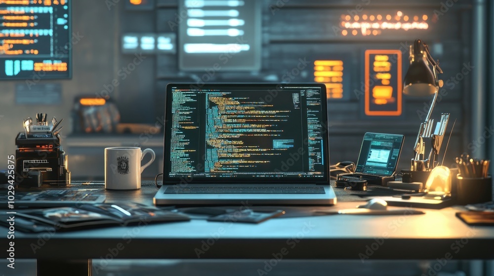 A programmera??s desk with a laptop, coffee mug, and coding books, surrounded by tech gadgets. A programmera??s desk with a laptop, coffee mug, and coding books, surrounded by tech gadgets.