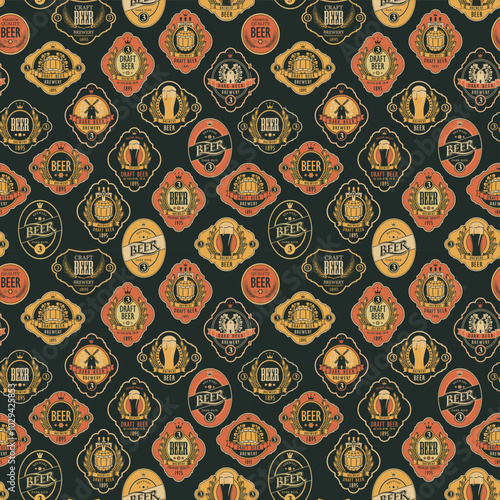 Vector seamless pattern on the theme of beer with various beer labels with images of barrels, beer glasses, mills, laurel wreathes, ears of wheat and other in retro style on black background
