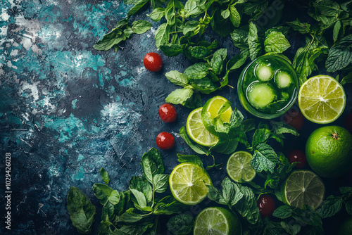 Aerial view of the ingredients for a mojito cocktail.