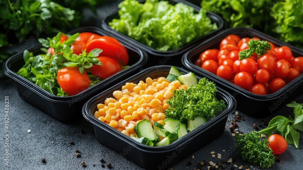 Chic and Modern Design of Healthy Food in Black Plastic Containers Chic and Modern Design of Healthy Food in Black Plastic Containers