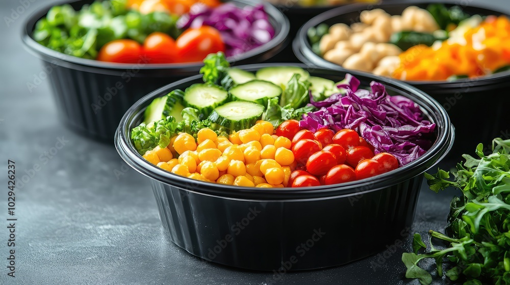 Chic and Modern Design of Healthy Food in Black Plastic Containers Chic and Modern Design of Healthy Food in Black Plastic Containers