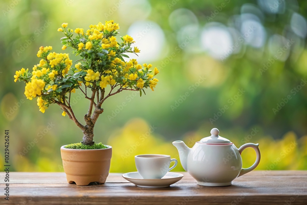 Reflected miniature tree with yellow flowers, miniature teapot, yellow cup Reflected miniature tree with yellow flowers, miniature teapot, yellow cup