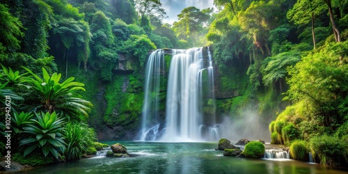 Reflected majestic waterfall in lush tropical rainforest