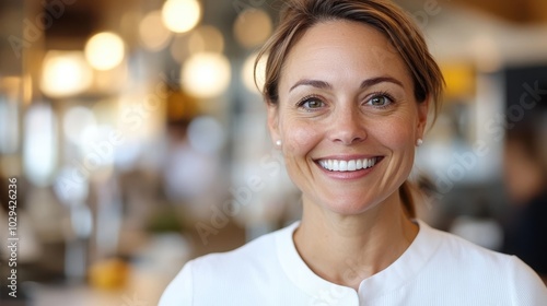 A bright portrait of a smiling woman indoors, complemented by a softly blurred background of bokeh lights, capturing a moment of pure joy and confidence.