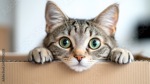 Cute Cat with Green Eyes Peeking Out from Behind Cardboard Box on White Background