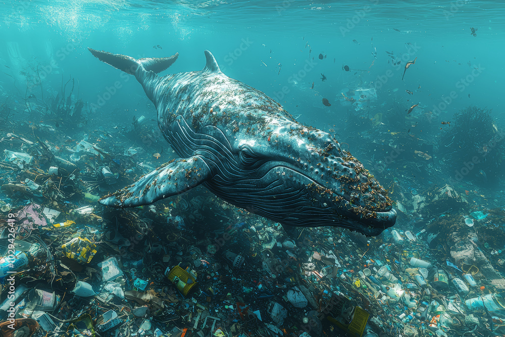 Fototapeta premium A whale swimming through a sea of garbage, showing the dangers of plastic pollution. Concept of marine conservation.