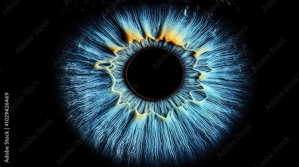 Photorealistic Close-Up of a Blue Human Eye with Intricate Iris Details on Black Background Photorealistic Close-Up of a Blue Human Eye with Intricate Iris Details on Black Background