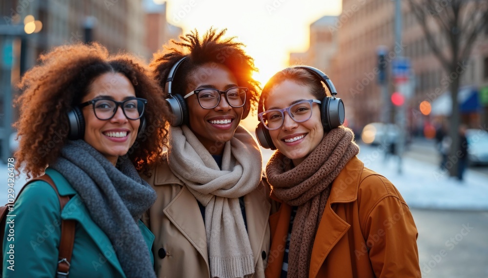Three women wearing glasses and scarves are smiling for the camera Three women wearing glasses and scarves are smiling for the camera