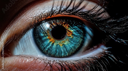 Photorealistic Close-Up of a Blue Human Eye with Intricate Iris Details on Black Background