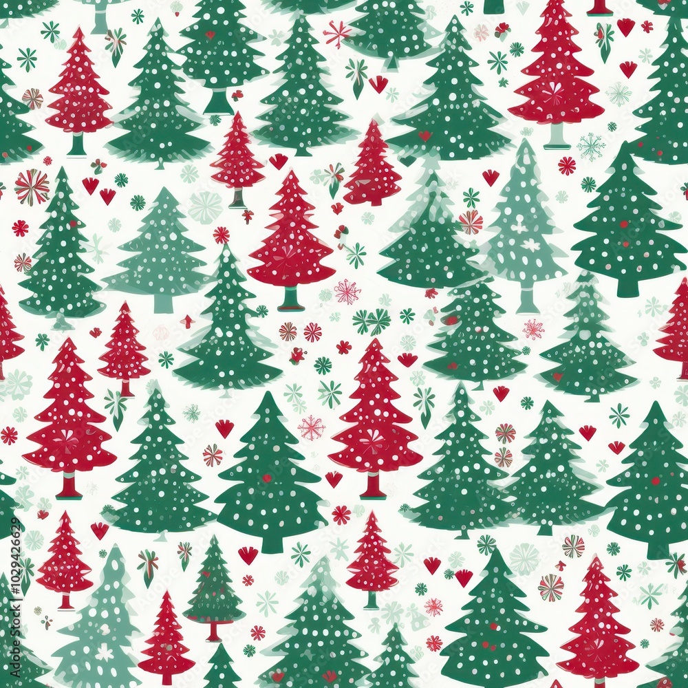 Obraz premium Festive Christmas tree pattern with red and green decorated trees and holiday motifs.