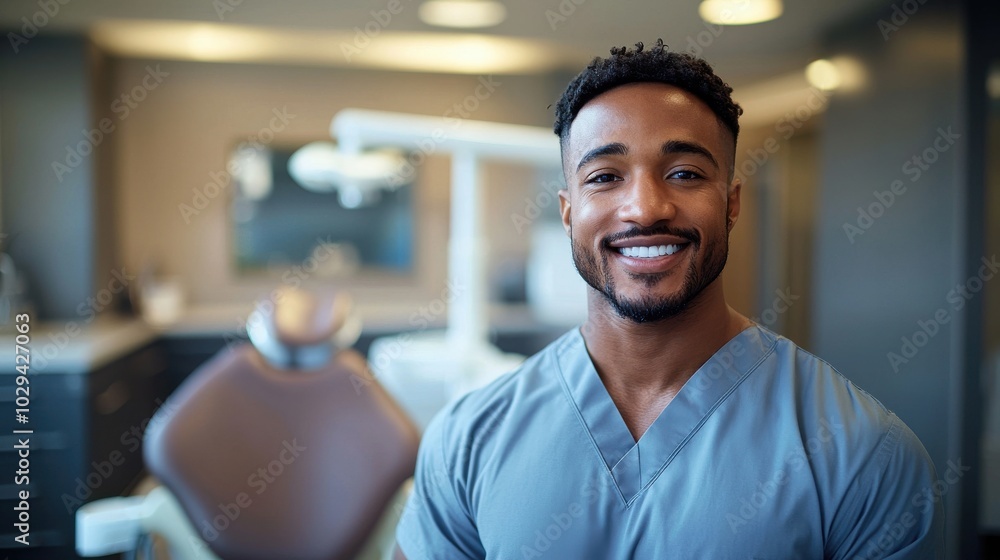A smiling dental professional in scrubs stands in a modern dental clinic during office hours, ready to assist patients with care A smiling dental professional in scrubs stands in a modern dental clinic during office hours, ready to assist patients with care