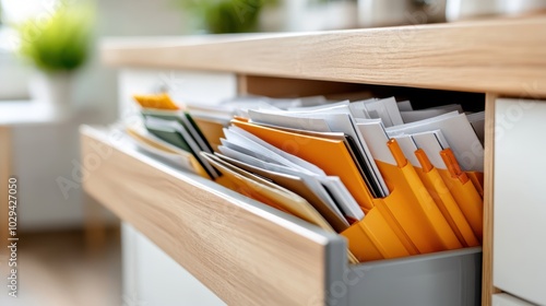 An open drawer displays neatly arranged, colorful folders, reflecting an atmosphere of efficiency and meticulous organization in a contemporary office setting. photo