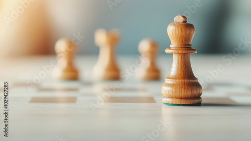 This image portrays a singular wooden pawn on a chessboard, with additional chess pieces blurred behind it, representing potential and beginnings in strategy.