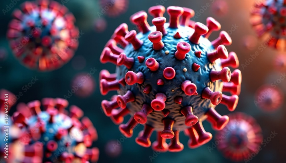 A close up of a red and blue virus A close up of a red and blue virus