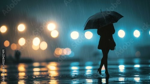 Silhouette of a Woman Walking in the Rain