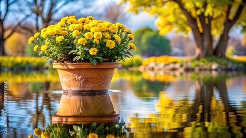 Reflected yellow flowers in flower pot next to tree