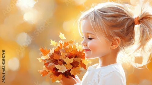 A young girl with a ponytail delightfully observes a vibrant bouquet of autumn leaves, her profile bathed in soft golden light, symbolizing childhood wonder. photo