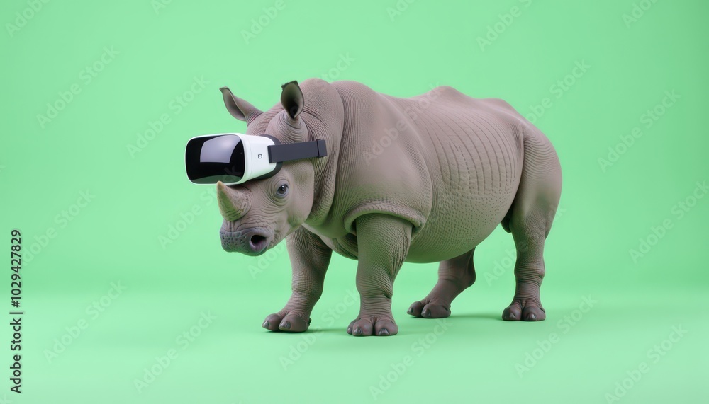 Rhinoceros using VR glasses while standing over an isolated light green background. Rhinoceros using VR glasses while standing over an isolated light green background.