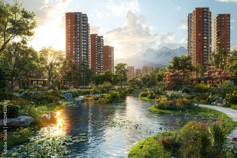 A sustainable urban development project, where companies work with communities to improve environmental and social outcomes. Concept of community sustainability. A sustainable urban development project, where companies work with communities to improve environmental and social outcomes. Concept of community sustainability.