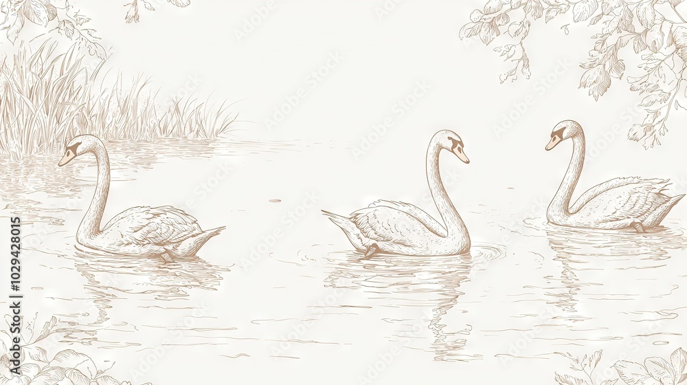 Fototapeta   Three swans glide through a pond with lush grass and vibrant flowers as a majestic tree stands tall in the foreground