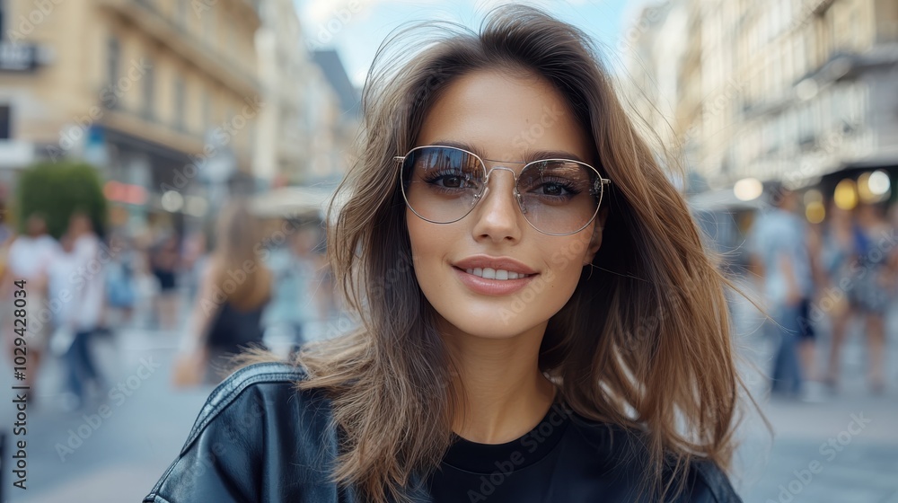 A young woman, wearing fashionable glasses, navigates a bustling city street filled with energy and excitement, capturing a sense of urban exploration and curiosity. A young woman, wearing fashionable glasses, navigates a bustling city street filled with energy and excitement, capturing a sense of urban exploration and curiosity.
