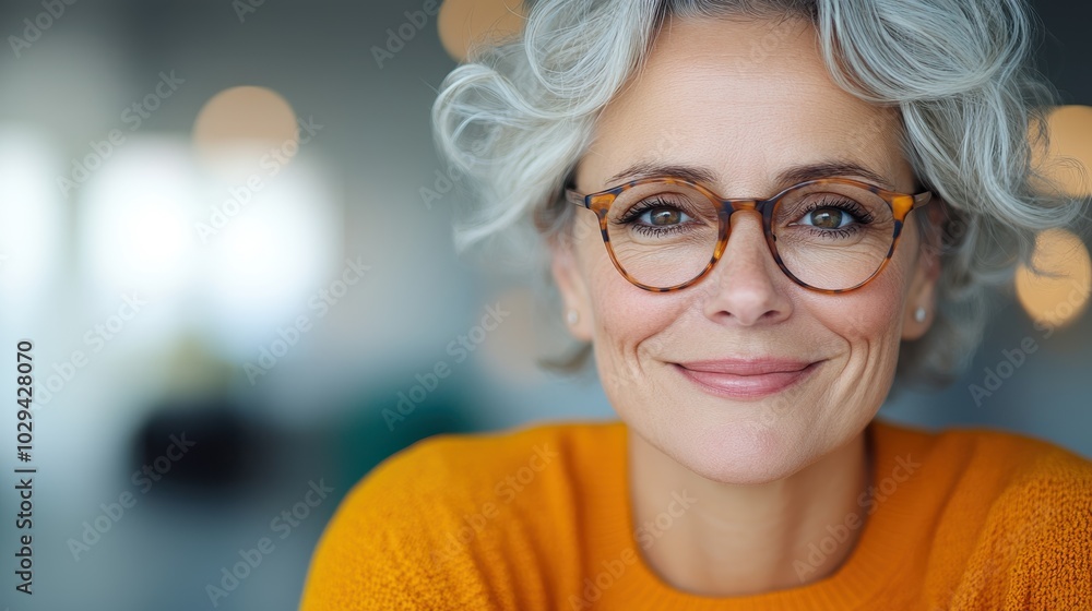 A cheerful woman with wavy hair and glasses wearing an orange sweater, exuding warmth and friendliness in a softly lit interior setting. A cheerful woman with wavy hair and glasses wearing an orange sweater, exuding warmth and friendliness in a softly lit interior setting.