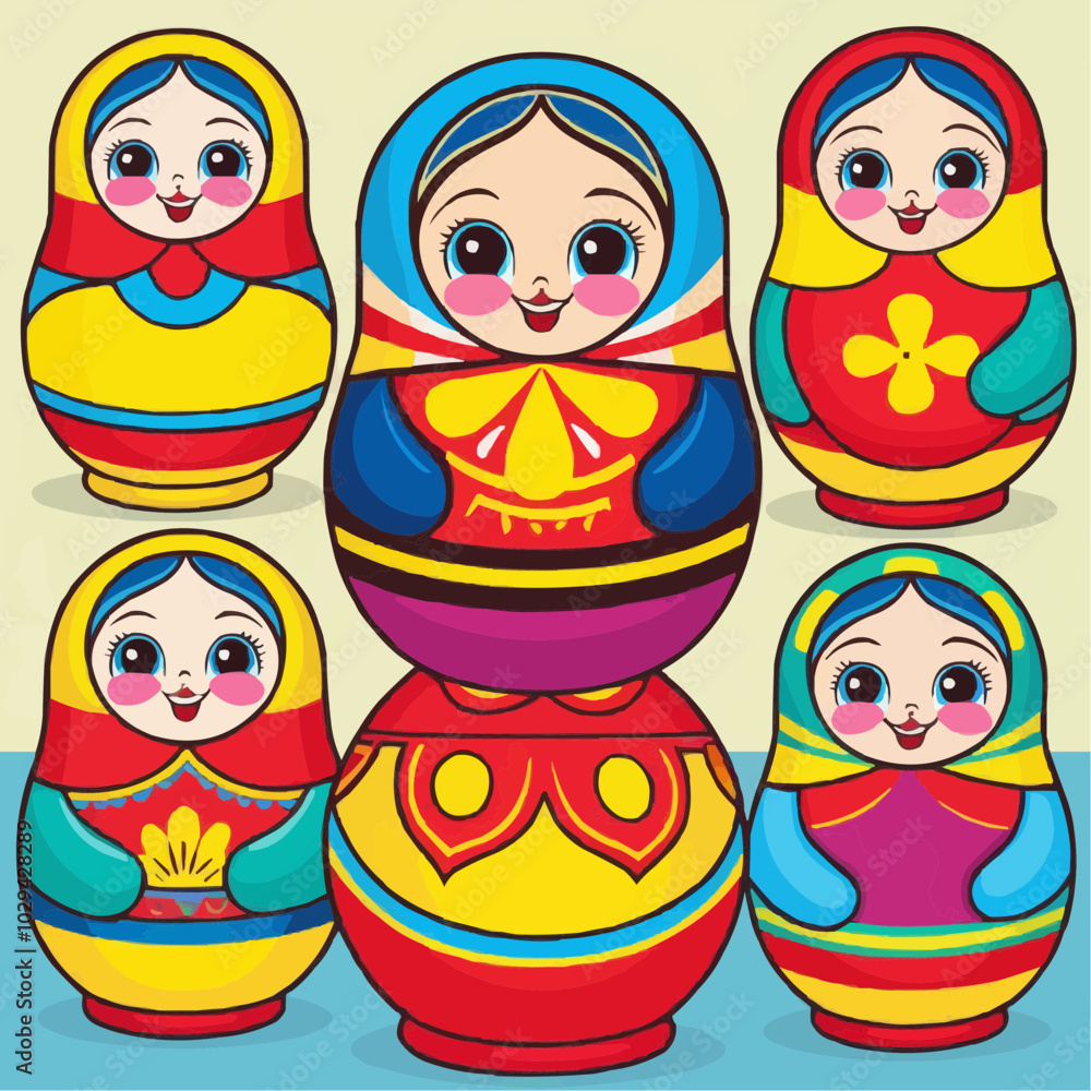 Cheerful nested matryoshka dolls in vibrant colors against light background Cheerful nested matryoshka dolls in vibrant colors against light background