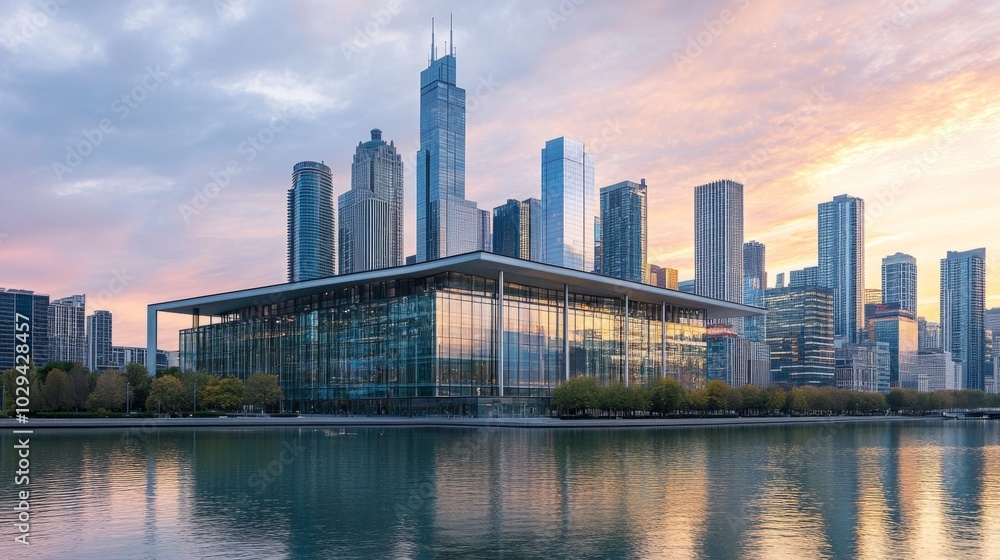 Fototapeta premium A large building with a glass facade sits in front of a city skyline