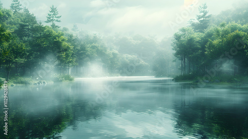 A serene lake surrounded by dense forest, with a misty morning