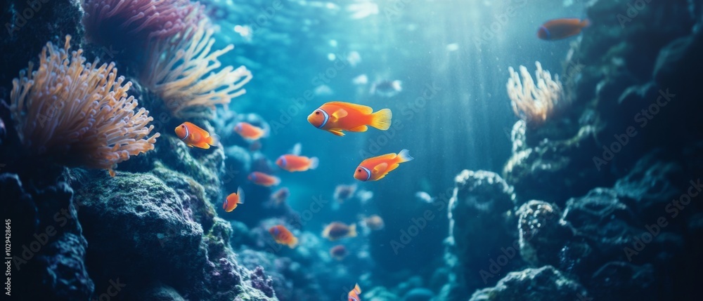 Naklejka premium Vibrant Underwater Scene with Colorful Fish