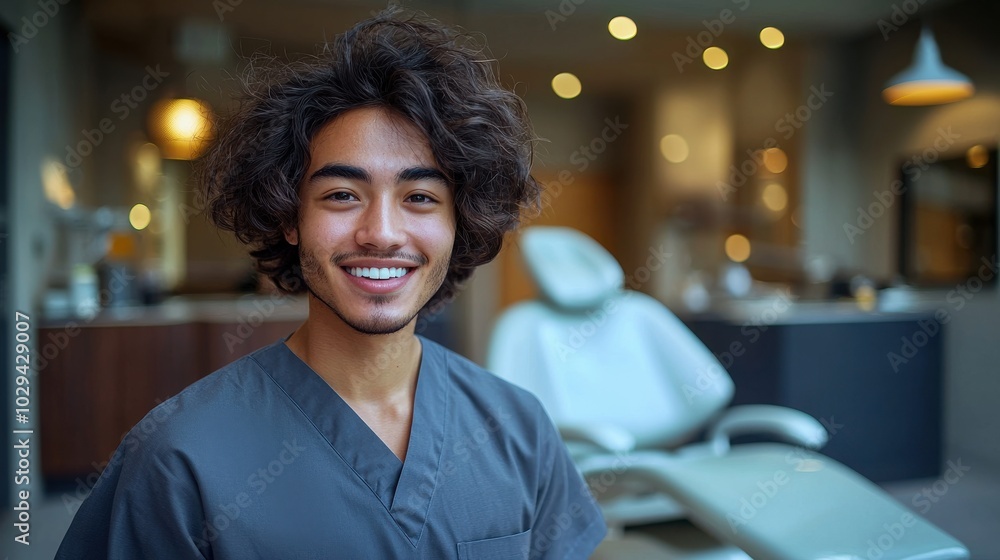 Smiling young dental professional in a modern clinic during a bright day ready to assist patients with dental care Smiling young dental professional in a modern clinic during a bright day ready to assist patients with dental care