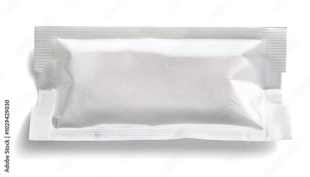 Close-up of a blank white sachet packet mockup with crinkled edges isolated on a white background. Generative AI Close-up of a blank white sachet packet mockup with crinkled edges isolated on a white background. Generative AI