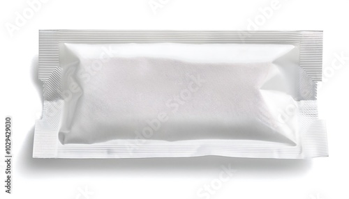 Close-up of a blank white sachet packet mockup with crinkled edges isolated on a white background. Generative AI