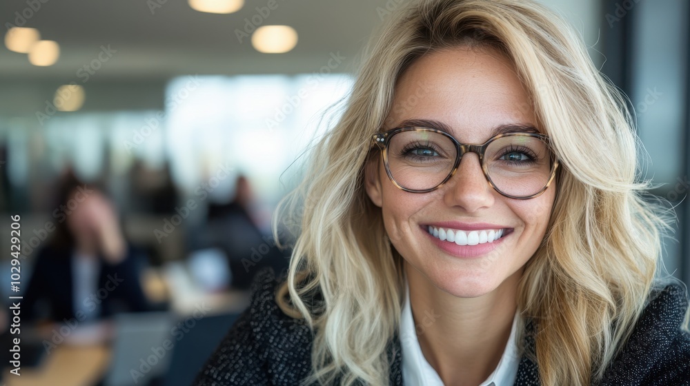 A smiling businesswoman, wearing glasses and a blazer, is in an office setting with bright lighting and a friendly atmosphere, embodying professionalism and warmth. A smiling businesswoman, wearing glasses and a blazer, is in an office setting with bright lighting and a friendly atmosphere, embodying professionalism and warmth.
