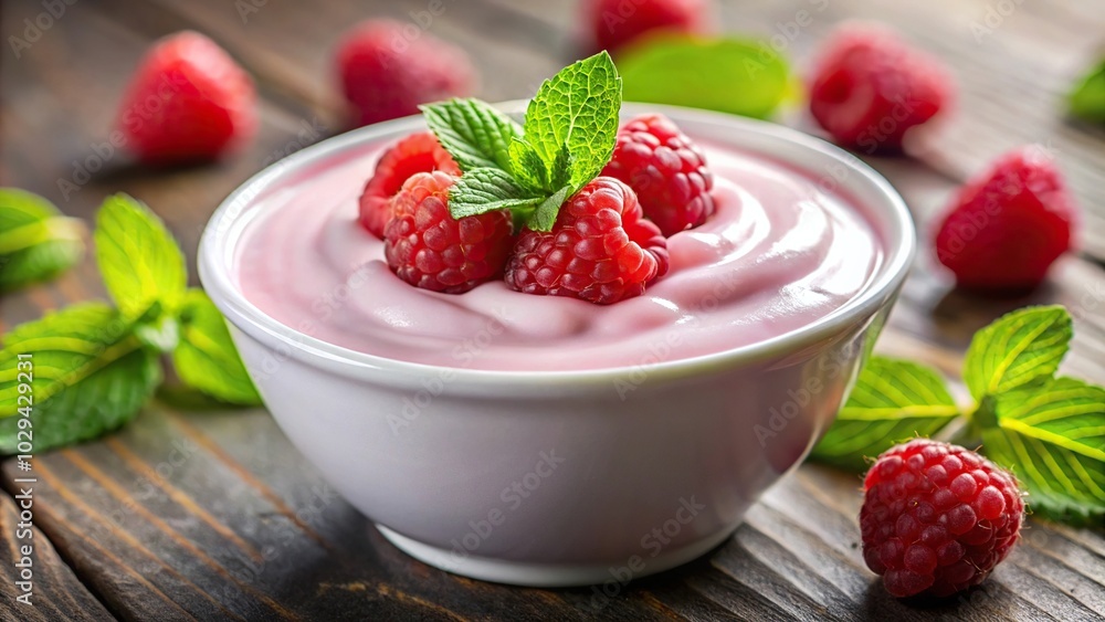 Refreshing raspberry yogurt with mint leaves Refreshing raspberry yogurt with mint leaves