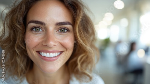 Wallpaper Mural A close-up image of a smiling woman with curly hair in a bright, modern office space, personifying enthusiasm and warmth, with a blurred background of colleagues. Torontodigital.ca