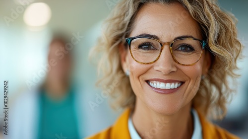 A mature woman with stylish glasses smiling warmly in a modern office background. Her expression exudes experience, wisdom, and approachability, ideal for business uses.