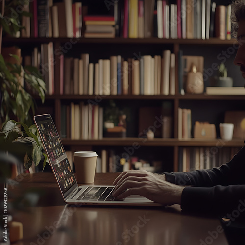 A person working on a laptop in a cozy library with a warm drink nearby photo