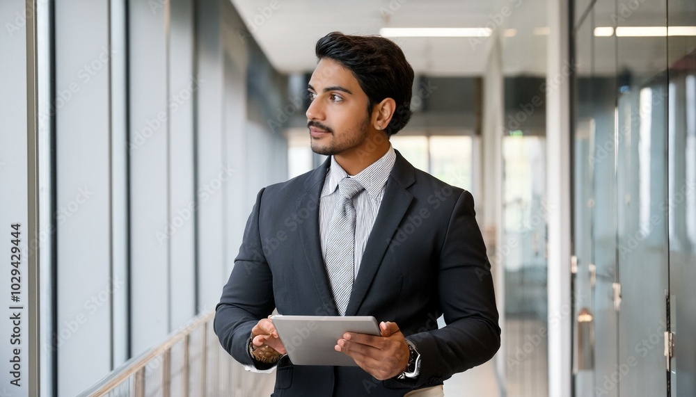 Busy Indian business man project manager looking away holding digital tablet walking in office. Professional businessman entrepreneur going in hallway holding tab working using tab computer. Busy Indian business man project manager looking away holding digital tablet walking in office. Professional businessman entrepreneur going in hallway holding tab working using tab computer.