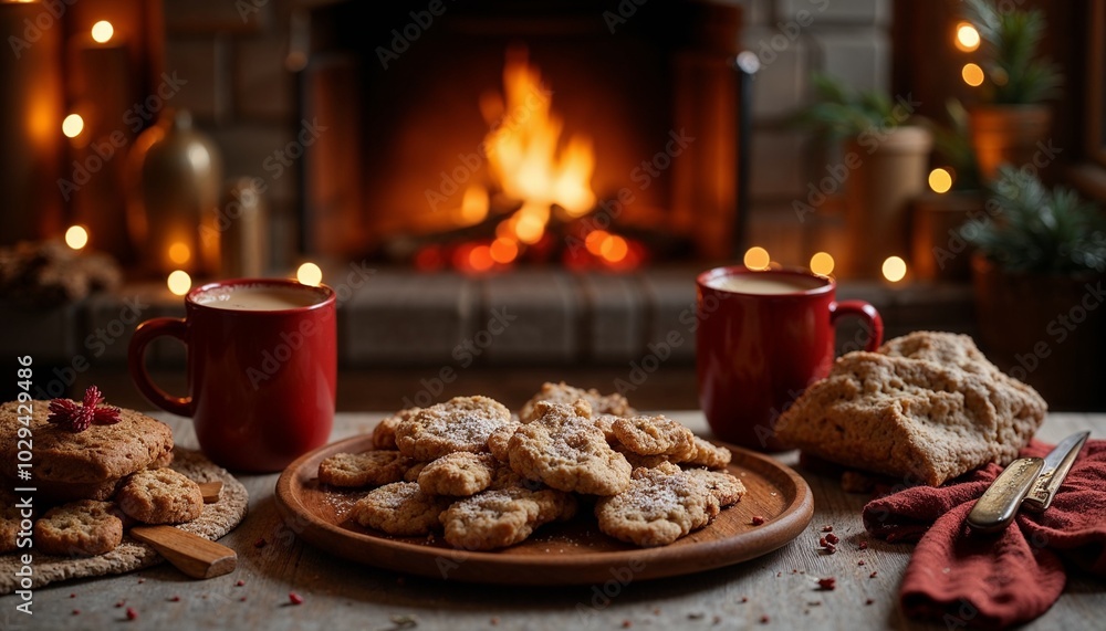 Cozy evening dinner by the fireplace with cookies, hot drinks, and warm ambiance Cozy evening dinner by the fireplace with cookies, hot drinks, and warm ambiance