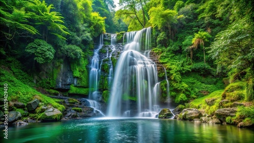 Refreshing waterfall cascading down rocky cliffs in lush green forest