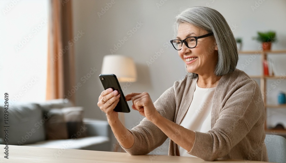 Happy cheerful older woman customer using smartphone sitting at home table in living room. Smiling middle aged lady holding cellphone doing shopping buying in smartphone app, texting messages on phone Happy cheerful older woman customer using smartphone sitting at home table in living room. Smiling middle aged lady holding cellphone doing shopping buying in smartphone app, texting messages on phone