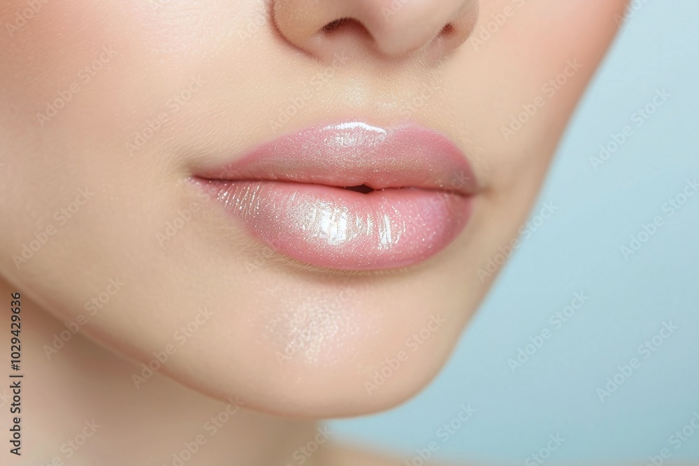 Glossy nude lips with soft makeup on a light blue background, minimalistic composition with copy space. Natural beauty and skincare concept for fashion and cosmetic designs.
Glossy nude lips with soft makeup on a light blue background, minimalistic composition with copy space. Natural beauty and skincare concept for fashion and cosmetic designs.