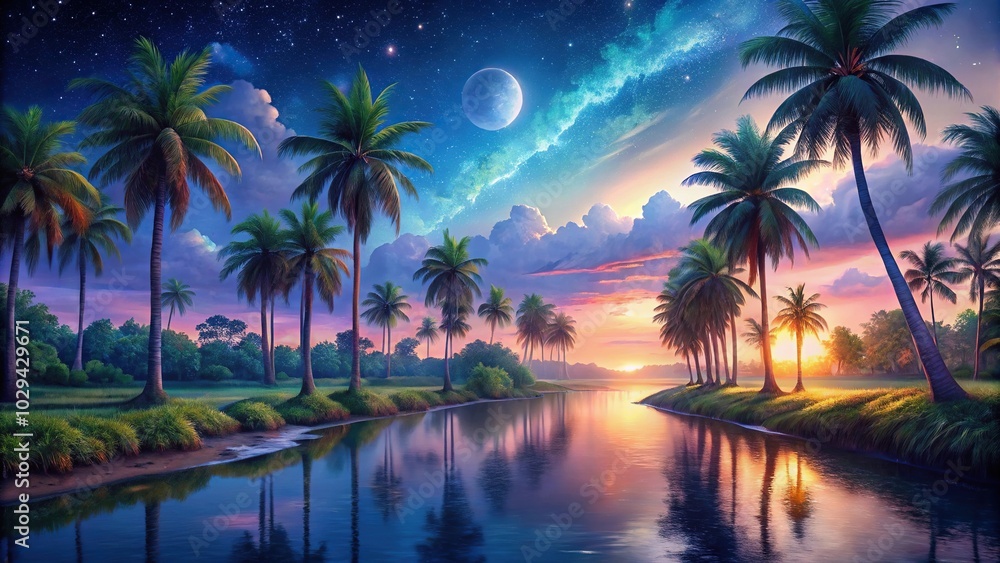 Night scene painting with river and palm trees Night scene painting with river and palm trees