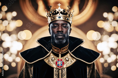 Majestic black king wearing a golden crown, luxury bokeh background