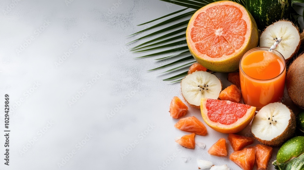 An array of fresh citrus fruits including grapefruits, limes, coconuts, and oranges displayed alongside a glass of orange juice on a vibrant background. An array of fresh citrus fruits including grapefruits, limes, coconuts, and oranges displayed alongside a glass of orange juice on a vibrant background.