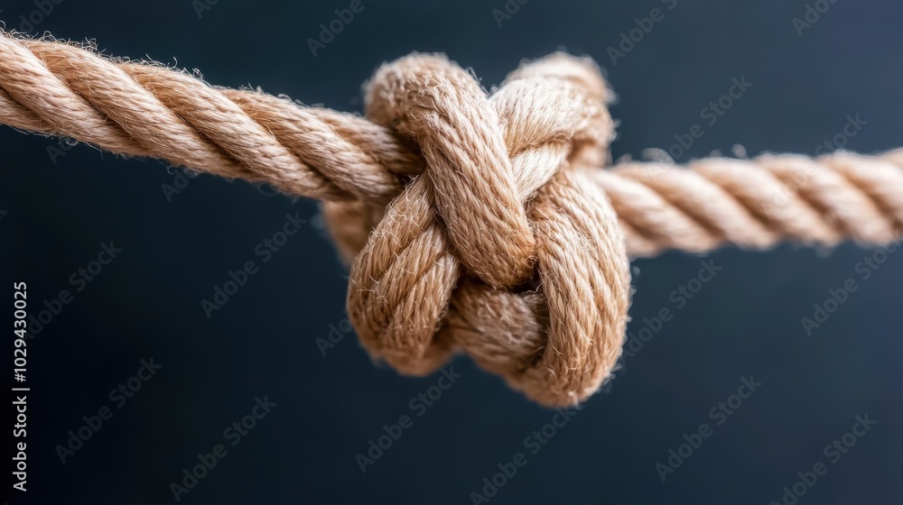 A detailed close-up view of a sturdy rope tied into a firm knot, captured against a plain background, showcases texture and the strength of the material. A detailed close-up view of a sturdy rope tied into a firm knot, captured against a plain background, showcases texture and the strength of the material.