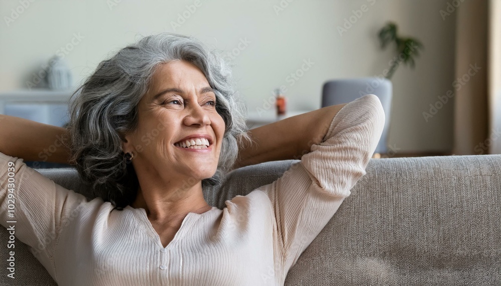 Happy relaxed 50 years old woman laying on sofa at home looking away. Smiling middle aged lady posing in living room at home. Mature older female with curly gray hair relaxing on couch enjoying chill Happy relaxed 50 years old woman laying on sofa at home looking away. Smiling middle aged lady posing in living room at home. Mature older female with curly gray hair relaxing on couch enjoying chill