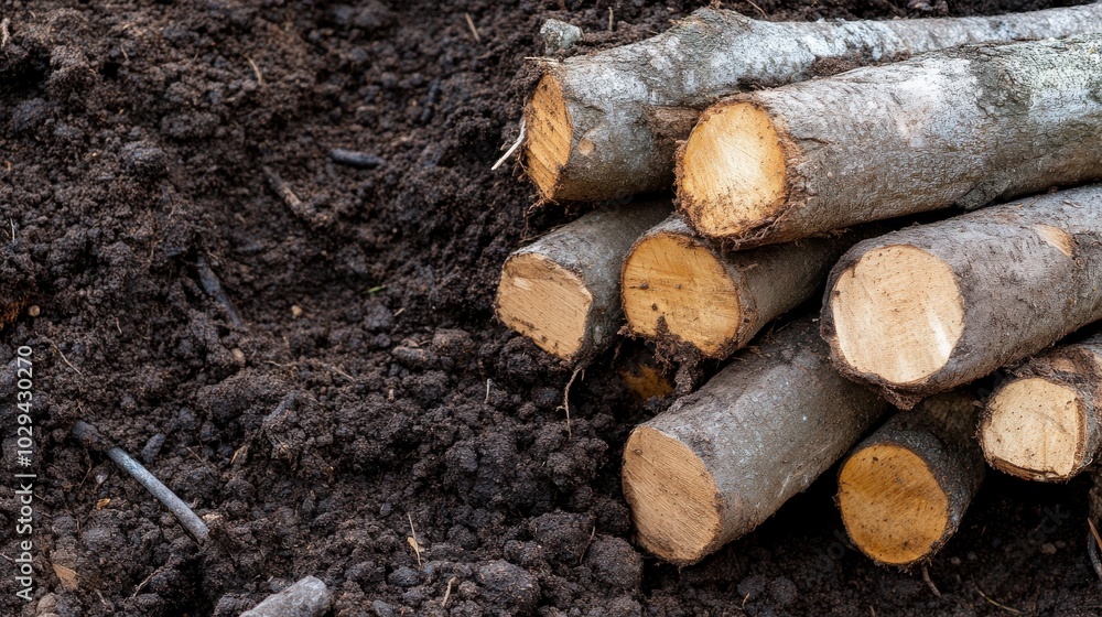 A neatly arranged stack of freshly cut logs rests on a dark, fertile ground, showcasing nature's resources and the potential for creation and construction work. A neatly arranged stack of freshly cut logs rests on a dark, fertile ground, showcasing nature's resources and the potential for creation and construction work.